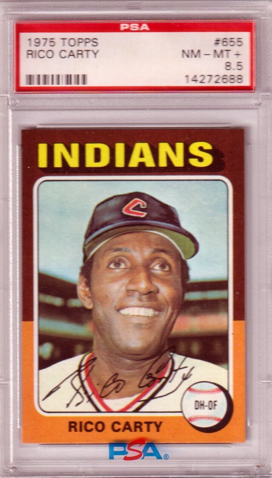 RICO CARTY 1975 Topps #655 PSA 8.5 NM - MT+ - INDIANS - Columbia Hobby - Sports Card Boxes - Toploaders - Card Savers