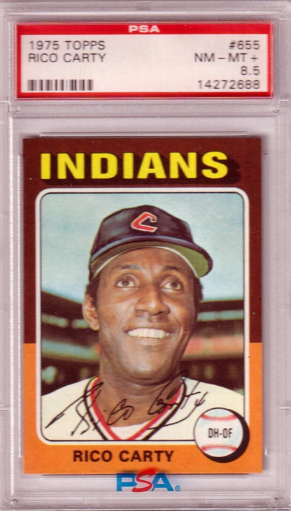 RICO CARTY 1975 Topps #655 PSA 8.5 NM - MT+ - INDIANS - Columbia Hobby - Sports Card Boxes - Toploaders - Card Savers