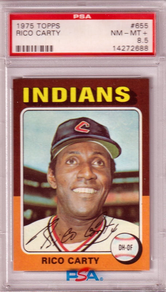 RICO CARTY 1975 Topps #655 PSA 8.5 NM - MT+ - INDIANS - Columbia Hobby - Sports Card Boxes - Toploaders - Card Savers