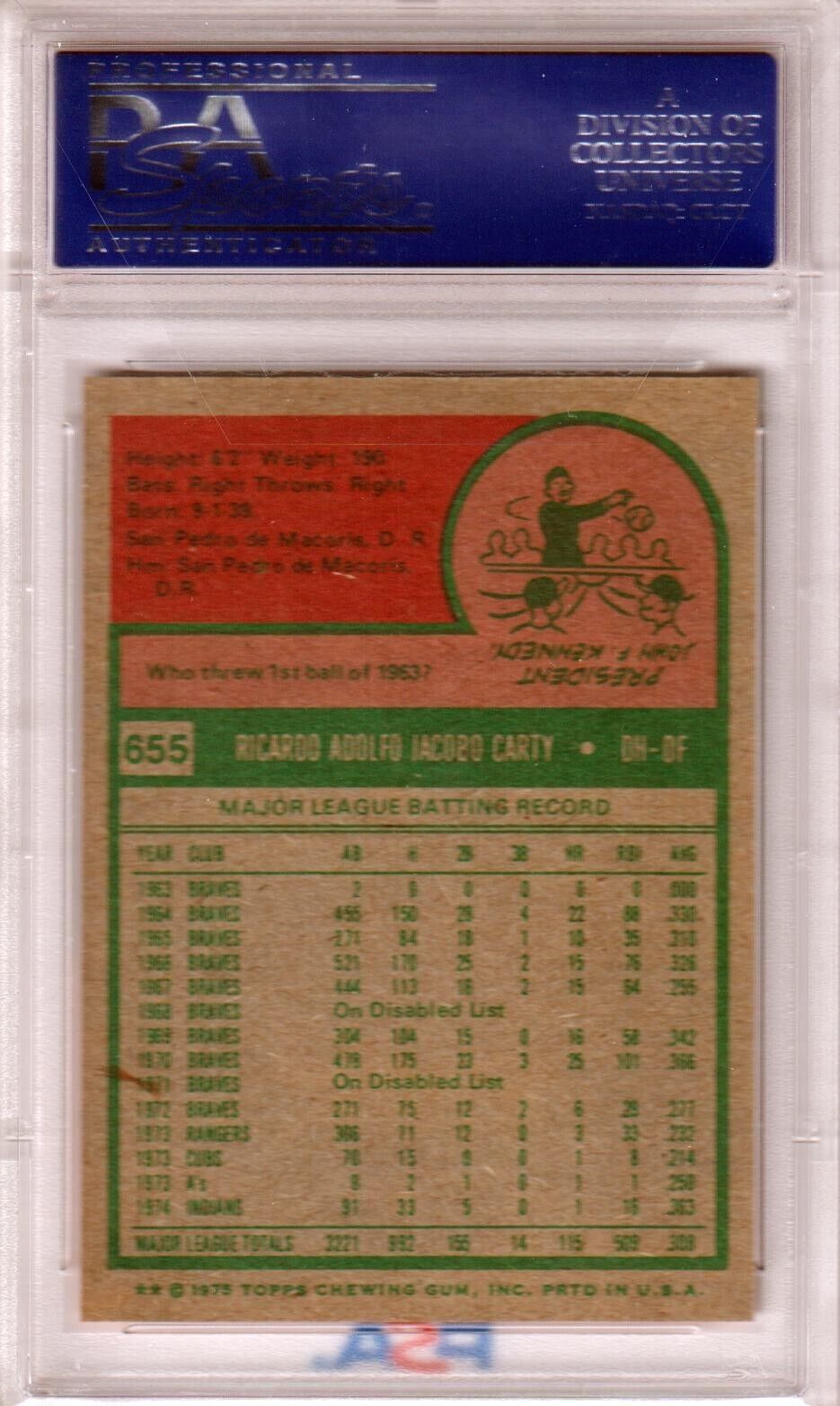 RICO CARTY 1975 Topps #655 PSA 8.5 NM - MT+ - INDIANS - Columbia Hobby - Sports Card Boxes - Toploaders - Card Savers