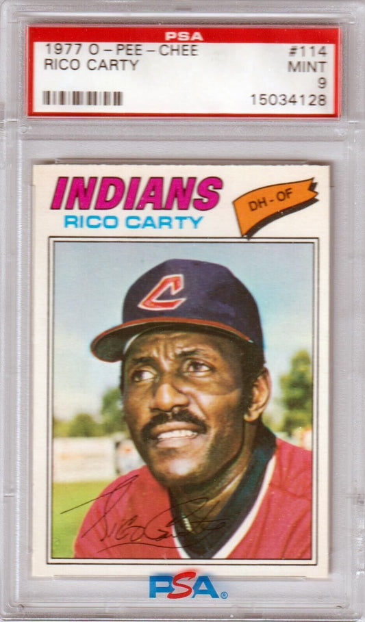 RICO CARTY 1977 O - PEE - CHEE #114 PSA 9 MINT - INDIANS - Columbia Hobby - Sports Card Boxes - Toploaders - Card Savers