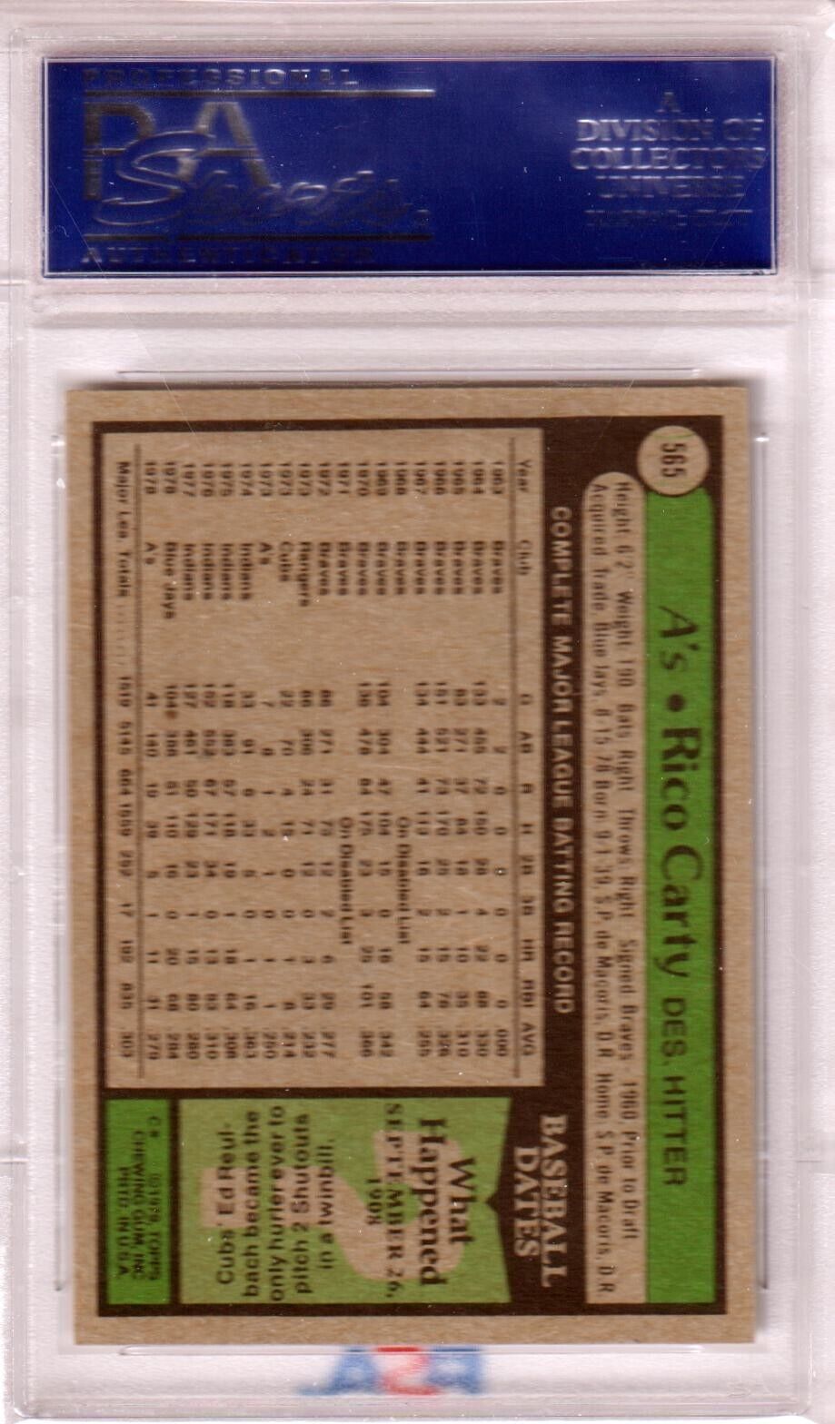 RICO CARTY 1979 Topps #565 PSA 9 MINT - ATHLETICS - Columbia Hobby - Sports Card Boxes - Toploaders - Card Savers