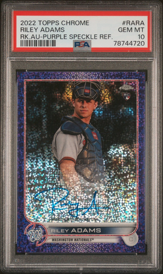 RILEY ADAMS 2022 Topps Chrome Rookie Autograph Purple Speckle #/299 PSA 10 GEM - Columbia Hobby - Sports Card Boxes - Toploaders - Card Savers