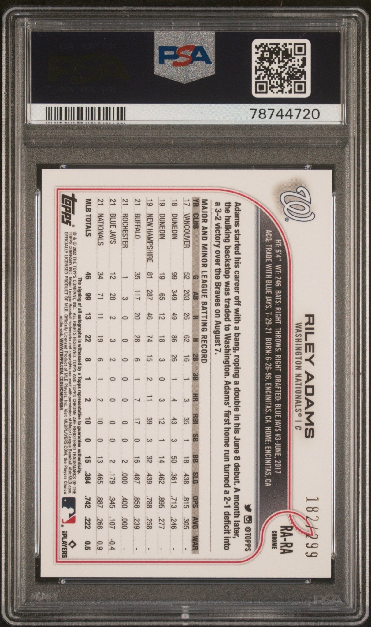 RILEY ADAMS 2022 Topps Chrome Rookie Autograph Purple Speckle #/299 PSA 10 GEM - Columbia Hobby - Sports Card Boxes - Toploaders - Card Savers