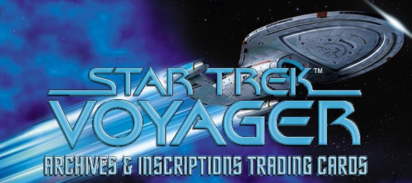 2026 Rittenhouse Star Trek Voyager Archives & Inscriptions Hobby Box sealed trading card box featuring 4 Big Hits including 3 autograph cards.
Back of the 2026 Rittenhouse Star Trek Voyager Archives & Inscriptions Hobby Box showing product details and box configuration.
2026 Rittenhouse Star Trek Voyager Archives & Inscriptions trading card pack artwork.
2026 Rittenhouse Star Trek Voyager Archives & Inscriptions promotional sell sheet highlighting autograph signers, sketch cards, relic cards, and insert set