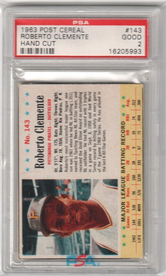 ROBERTO CLEMENTE 1963 Post Cereal #143 PSA 2 GOOD - PIRATES - Columbia Hobby - Sports Card Boxes - Toploaders - Card Savers