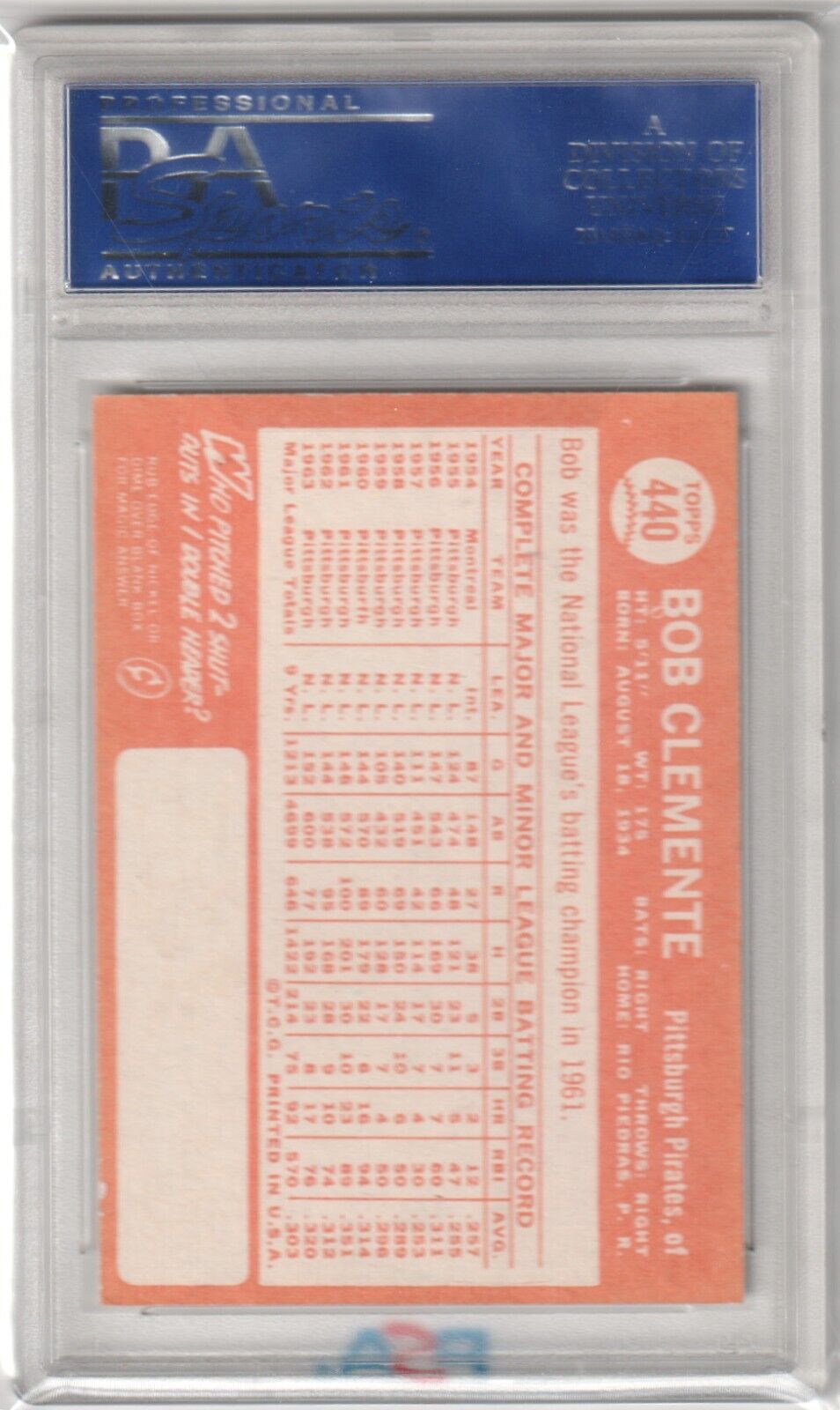 ROBERTO CLEMENTE 1964 Topps #440 PSA 6 EX - MT - PIRATES - Columbia Hobby - Sports Card Boxes - Toploaders - Card Savers