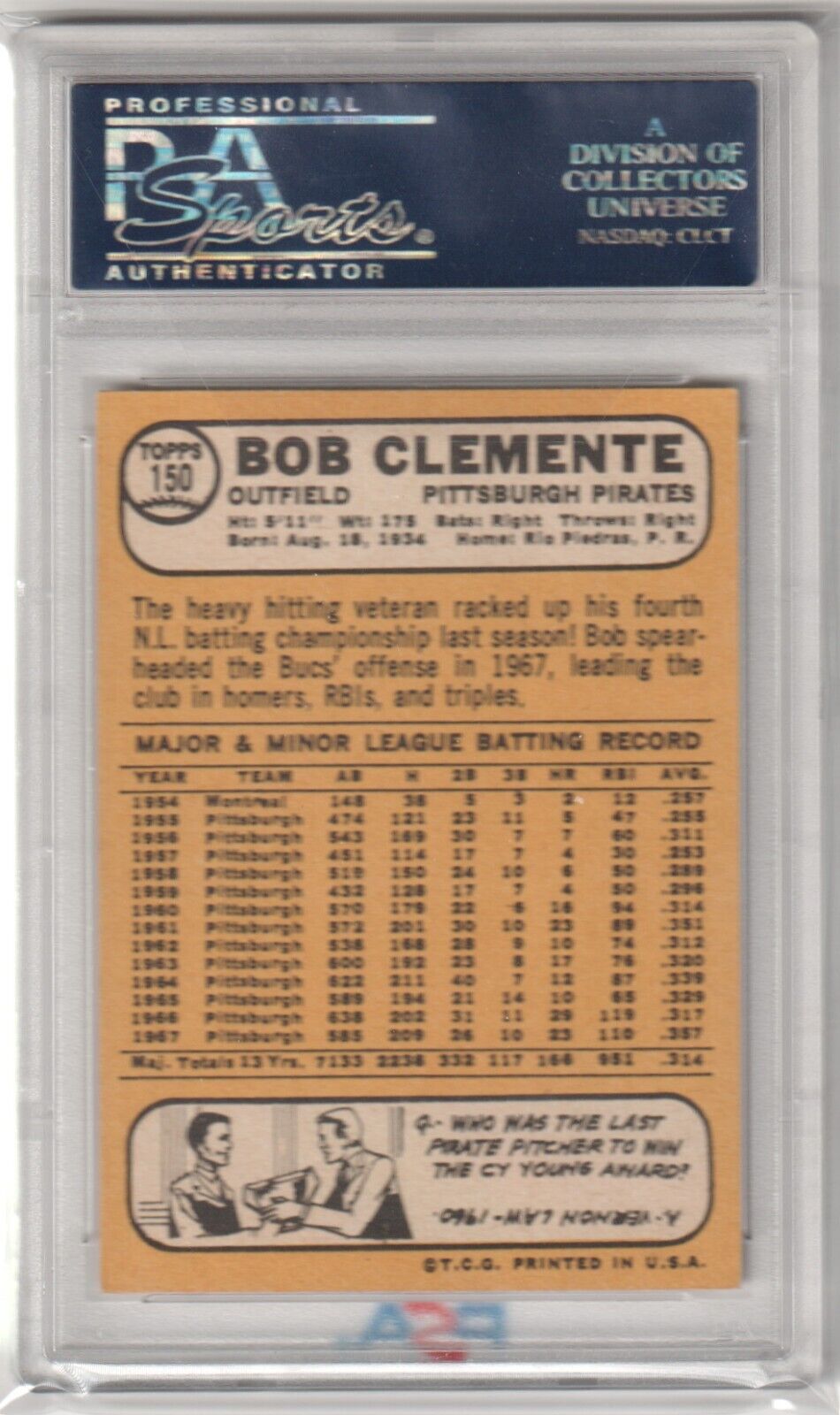 ROBERTO CLEMENTE 1968 Topps #150 PSA 7 NM - MT - PIRATES - Columbia Hobby - Sports Card Boxes - Toploaders - Card Savers