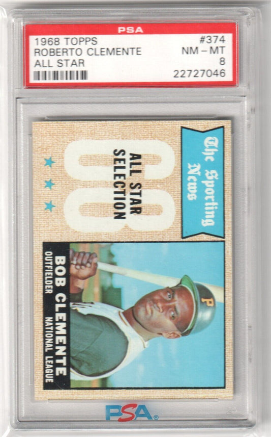 ROBERTO CLEMENTE 1968 Topps #374 PSA 8 NM - MT - PIRATES - Columbia Hobby - Sports Card Boxes - Toploaders - Card Savers