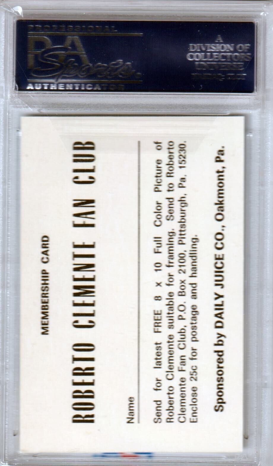 ROBERTO CLEMENTE 1972 Daily Juice Membership PSA 7 NM - PIRATES - Columbia Hobby - Sports Card Boxes - Toploaders - Card Savers
