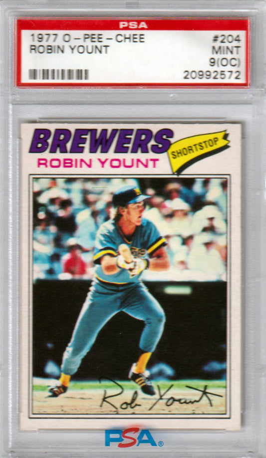 ROBIN YOUNT 1977 O - Pee - Chee #204 PSA 9 MINT - BREWERS - Columbia Hobby - Sports Card Boxes - Toploaders - Card Savers