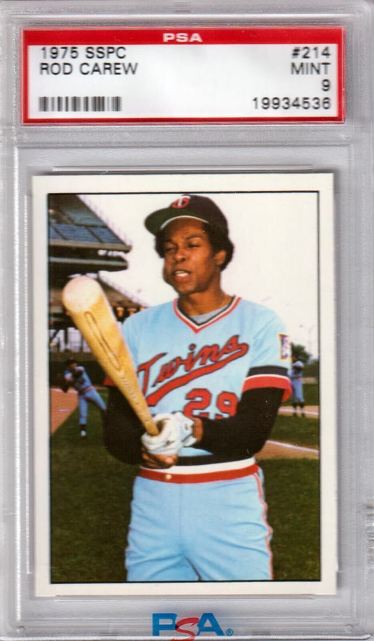 ROD CAREW 1975 SSPC #214 PSA 9 MINT - TWINS - Columbia Hobby - Sports Card Boxes - Toploaders - Card Savers
