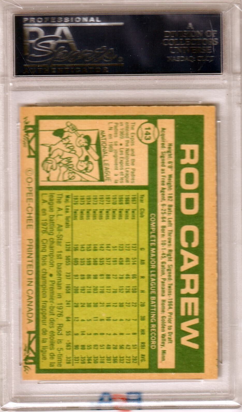 ROD CAREW 1977 O - PEE - CHEE #143 PSA 9 MINT - TWINS - Columbia Hobby - Sports Card Boxes - Toploaders - Card Savers