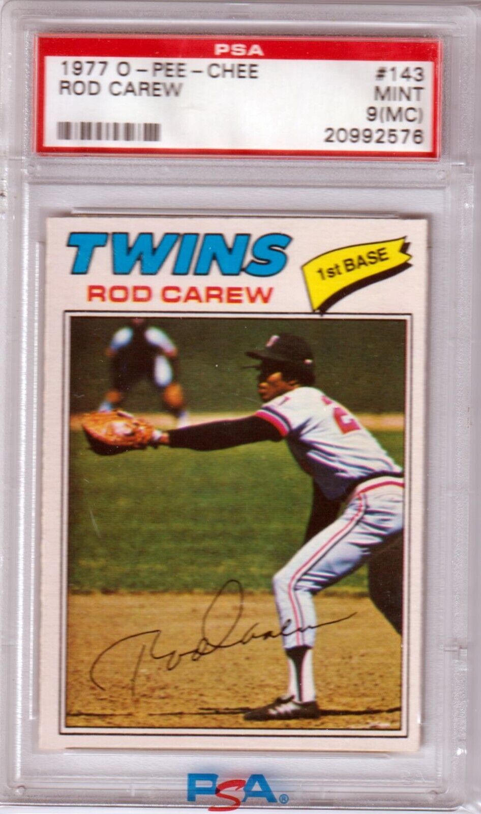 ROD CAREW 1977 O - PEE - CHEE #143 PSA 9 MINT - TWINS - Columbia Hobby - Sports Card Boxes - Toploaders - Card Savers