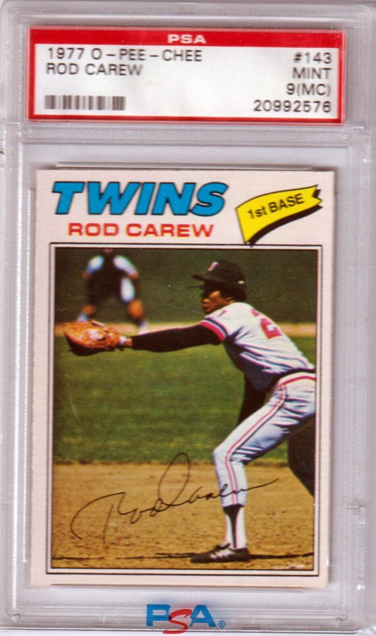 ROD CAREW 1977 O - PEE - CHEE #143 PSA 9 MINT - TWINS - Columbia Hobby - Sports Card Boxes - Toploaders - Card Savers