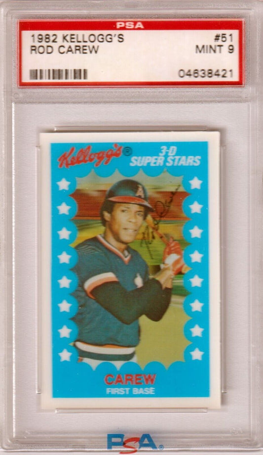 ROD CAREW 1982 Kellogg's 3 - D Super Stars #51 PSA 9 MINT - ANGELS - Columbia Hobby - Sports Card Boxes - Toploaders - Card Savers