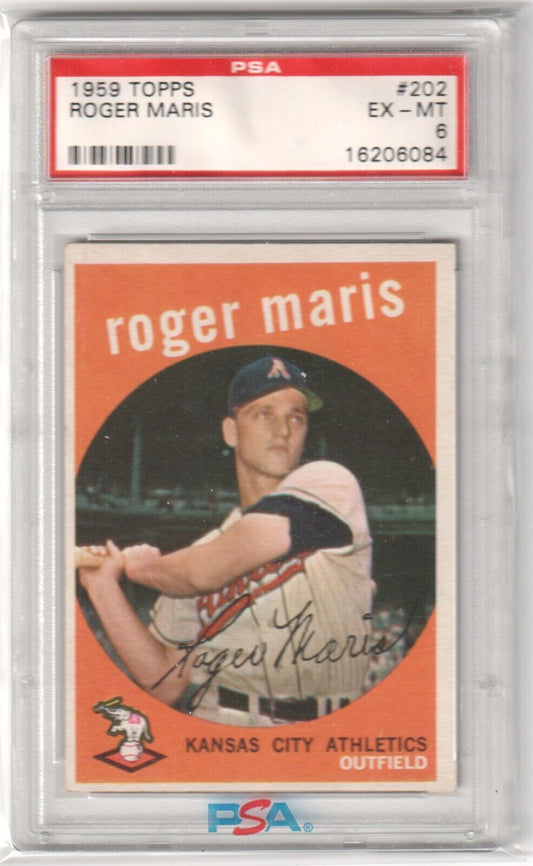 ROGER MARIS 1959 Topps #202 Graded PSA 6 EX - MT - Columbia Hobby - Sports Card Boxes - Toploaders - Card Savers