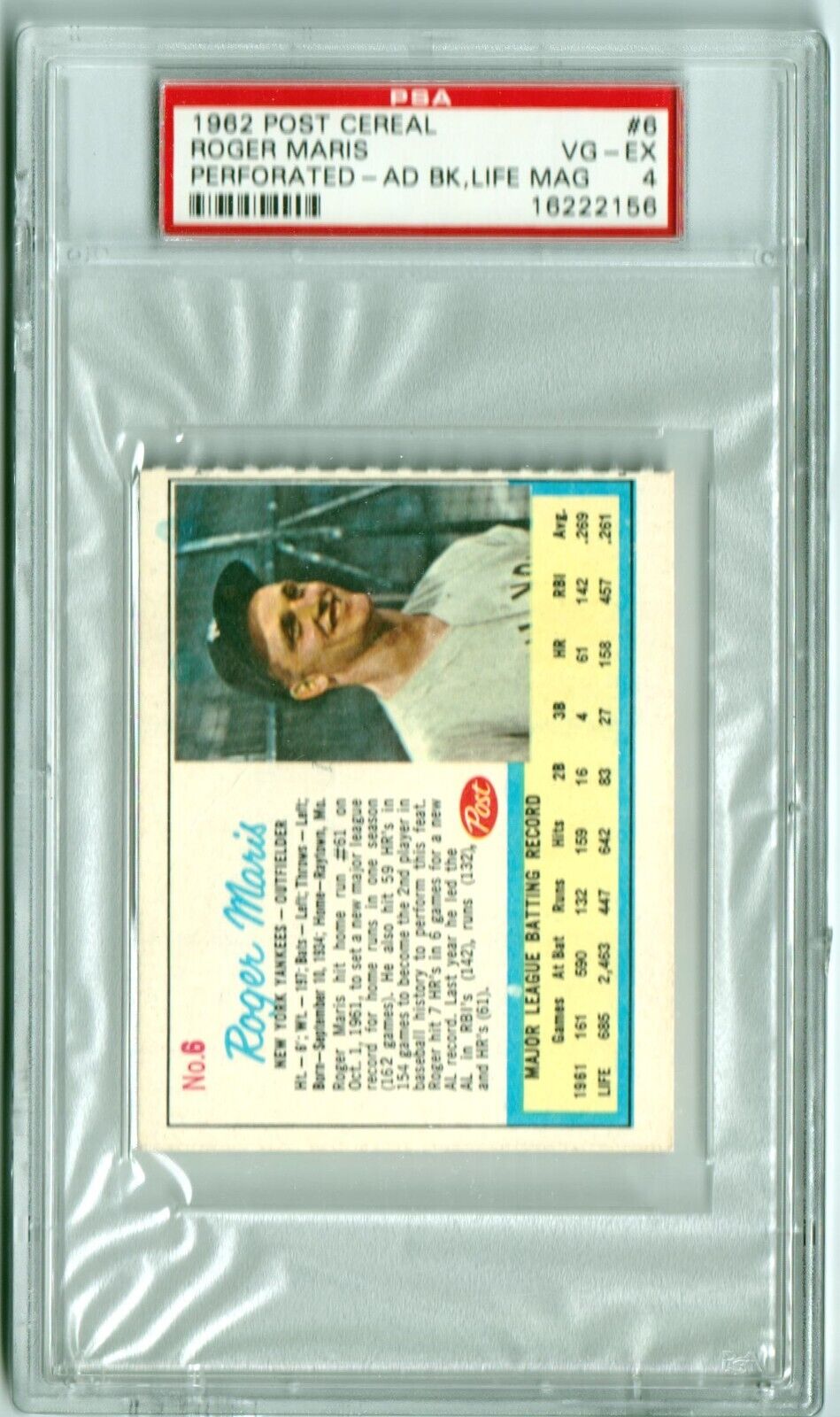 ROGER MARIS 1962 Post Cereal Ad Back Life Mag #6 PSA 4 VG - EX - YANKEES - Columbia Hobby - Sports Card Boxes - Toploaders - Card Savers