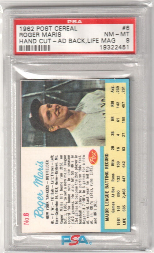 ROGER MARIS 1962 Post Cereal Ad Back Life Mag #6 PSA 8 NM - MT - YANKEES - Columbia Hobby - Sports Card Boxes - Toploaders - Card Savers