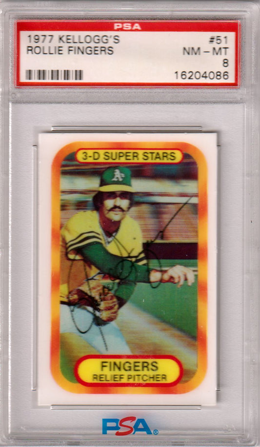 ROLLIE FINGERS 1977 Kellogg's 3D Super Stars #51 PSA 8 NM - MT - ATHLETICS - Columbia Hobby - Sports Card Boxes - Toploaders - Card Savers