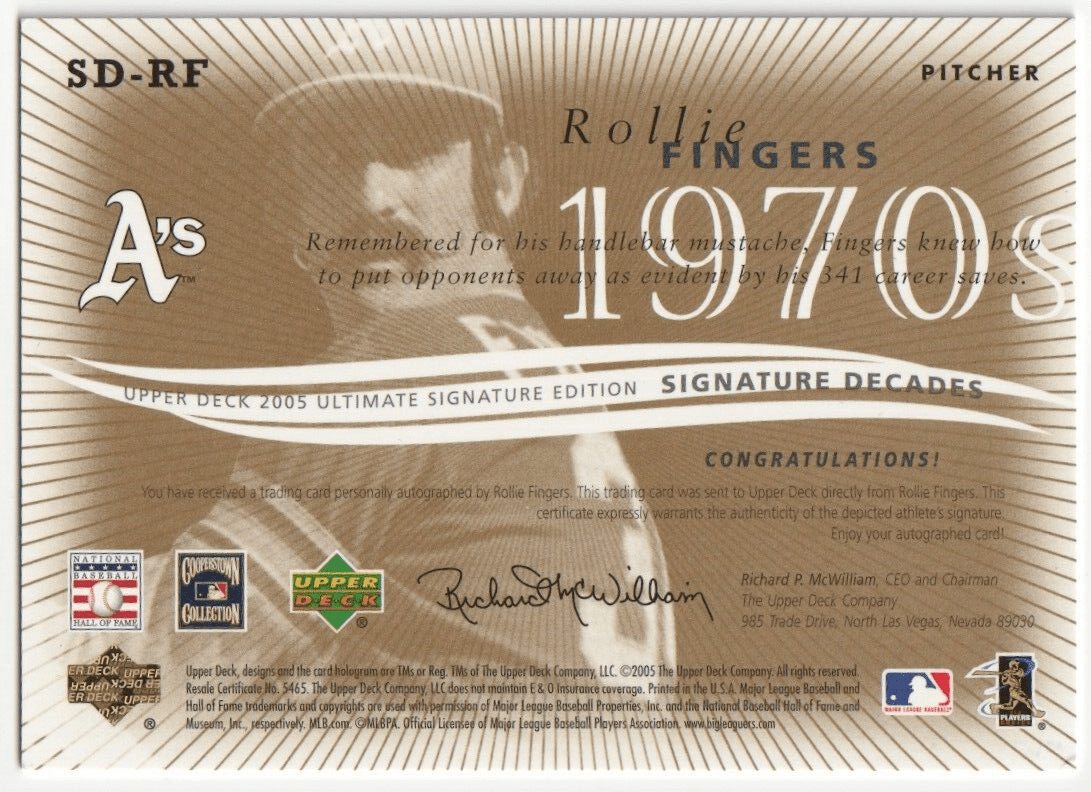 ROLLIE FINGERS 2005 Upper Deck Signature Autograph Auto - ATHLETICS - Columbia Hobby - Sports Card Boxes - Toploaders - Card Savers