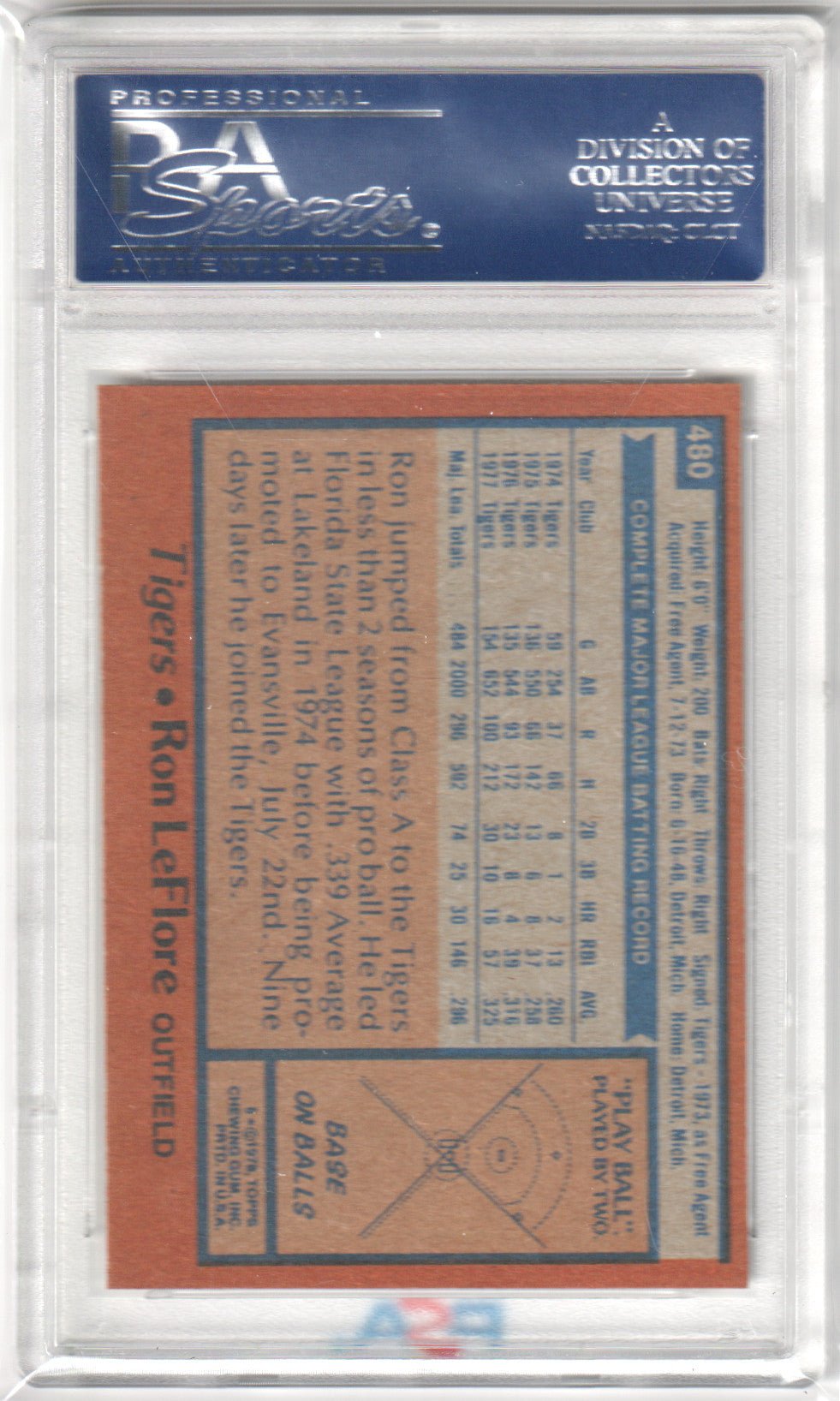 RON LeFLORE 1978 Topps #480 PSA 9 MINT - TIGERS - Columbia Hobby - Sports Card Boxes - Toploaders - Card Savers