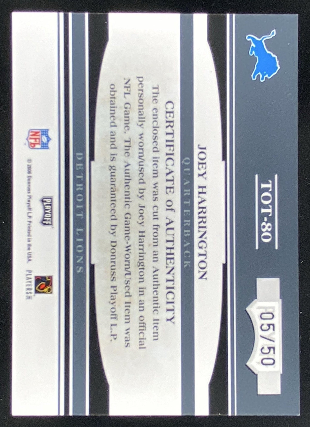 2006 Playoff Absolute Memorabilia Joey Harrington trading card