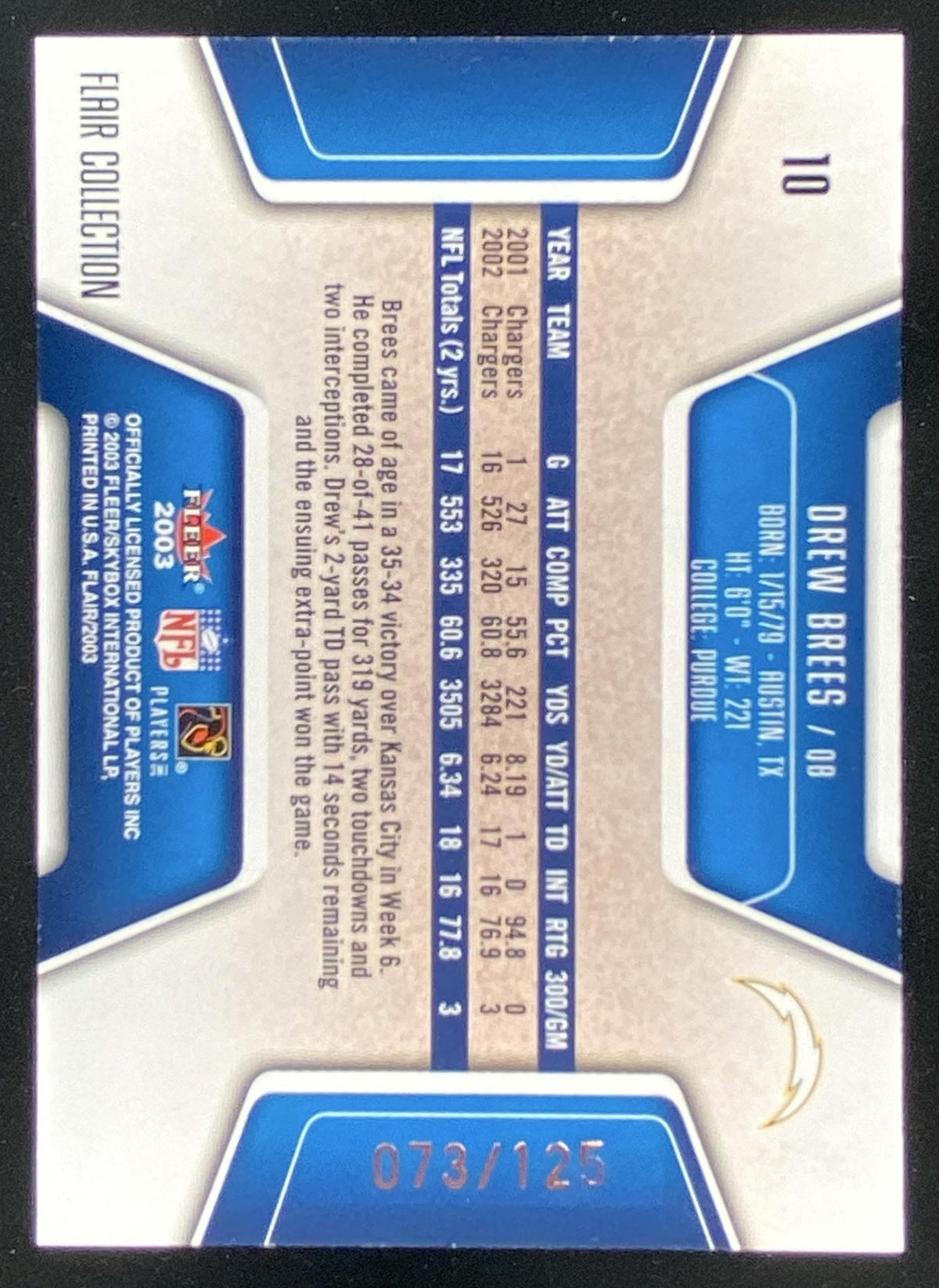 2003 Fleer Flair Drew Brees trading card