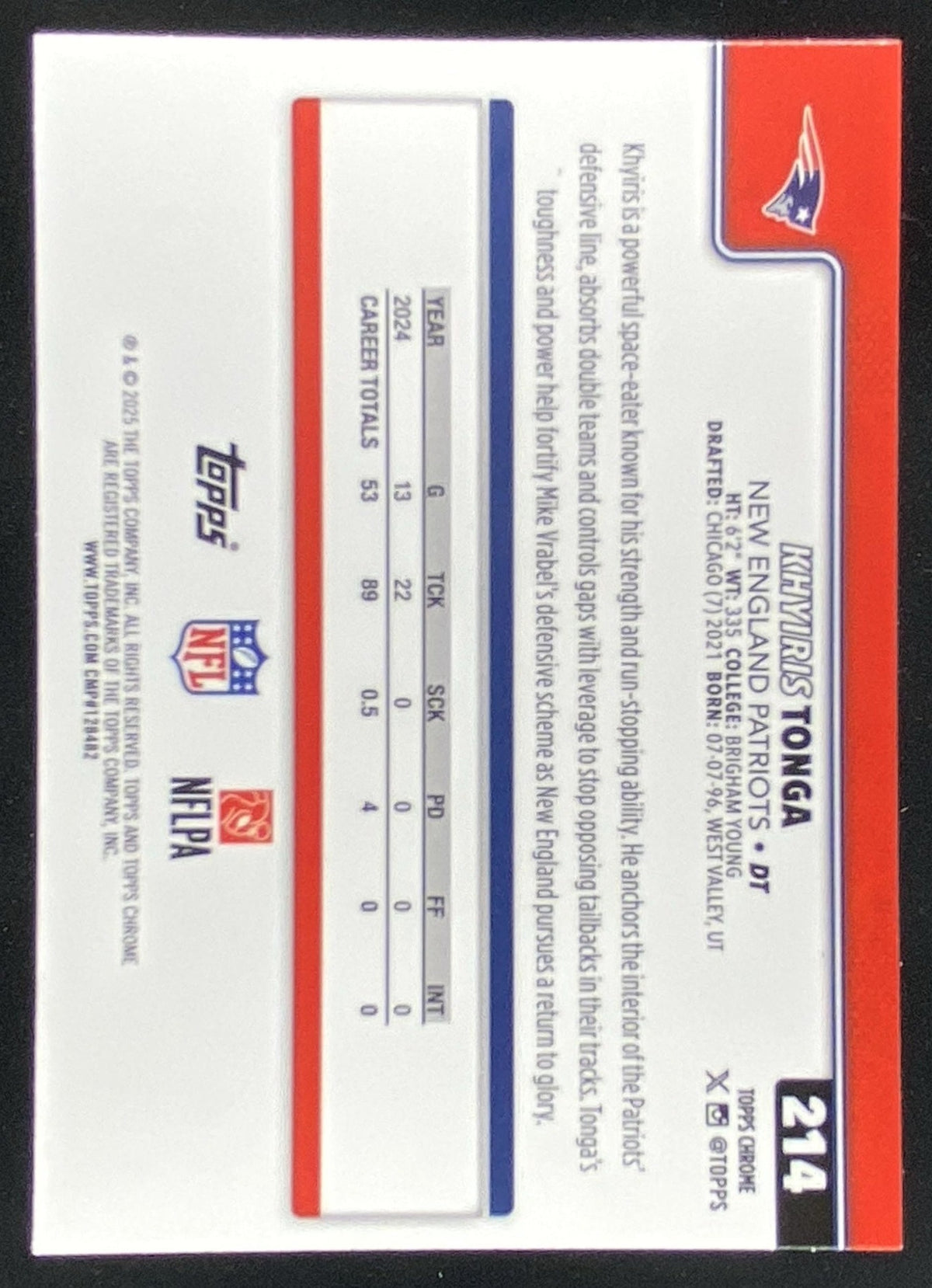 2025 Topps Chrome Khyiris Tonga #214 trading card