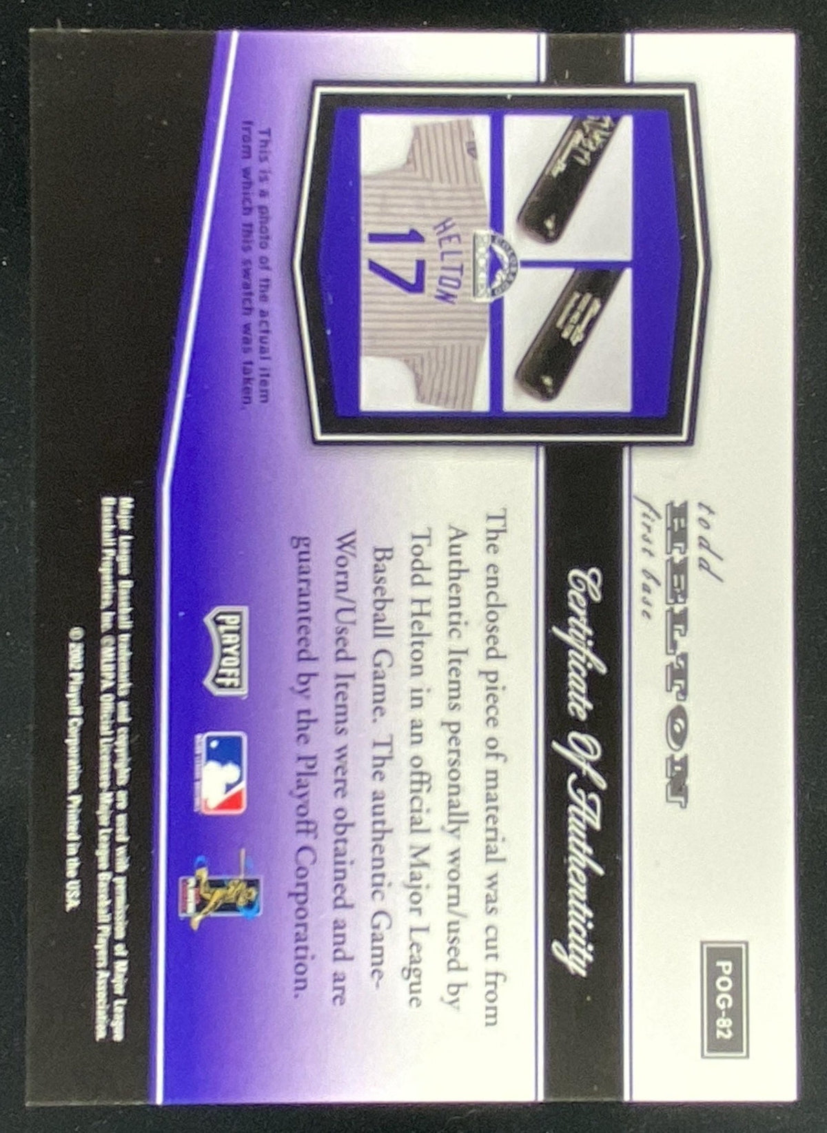 2002 Playoff Piece of the Game Todd Helton trading card