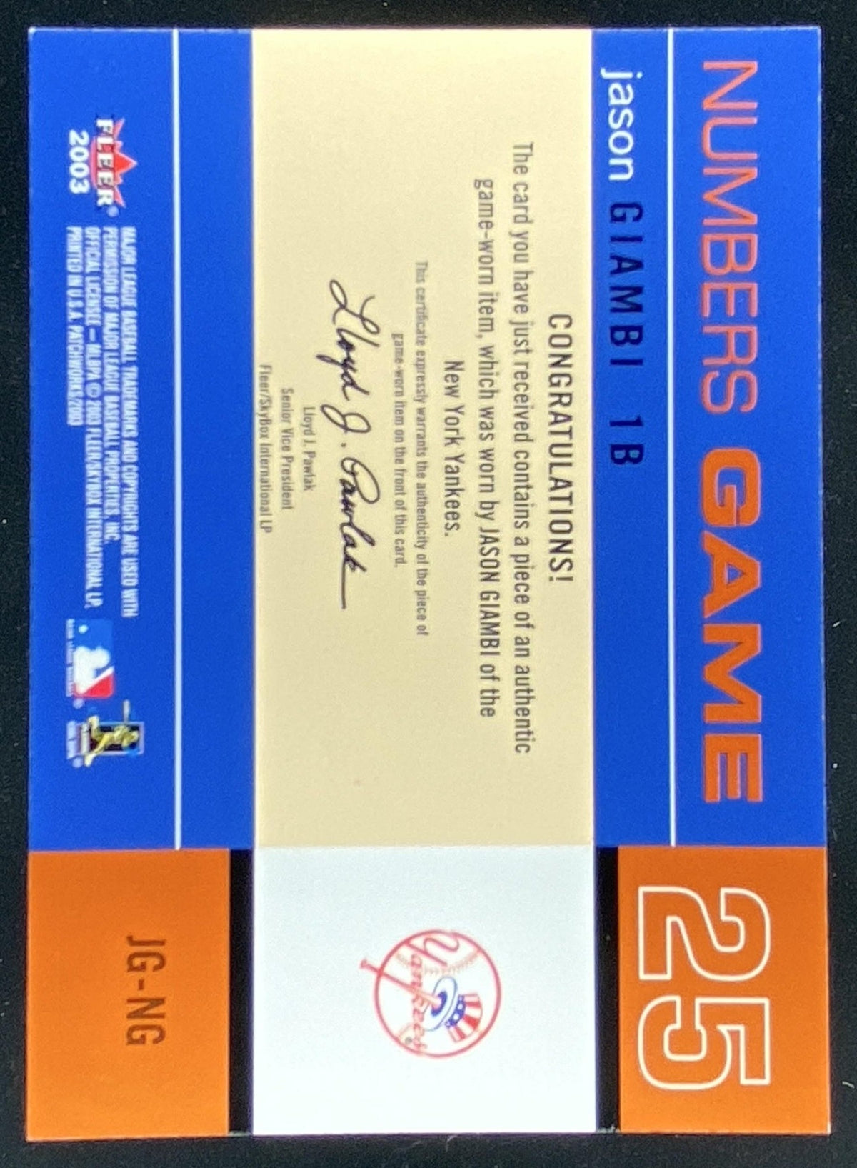 2003 Fleer Patchworks Jason Giambi #JG-NG trading card