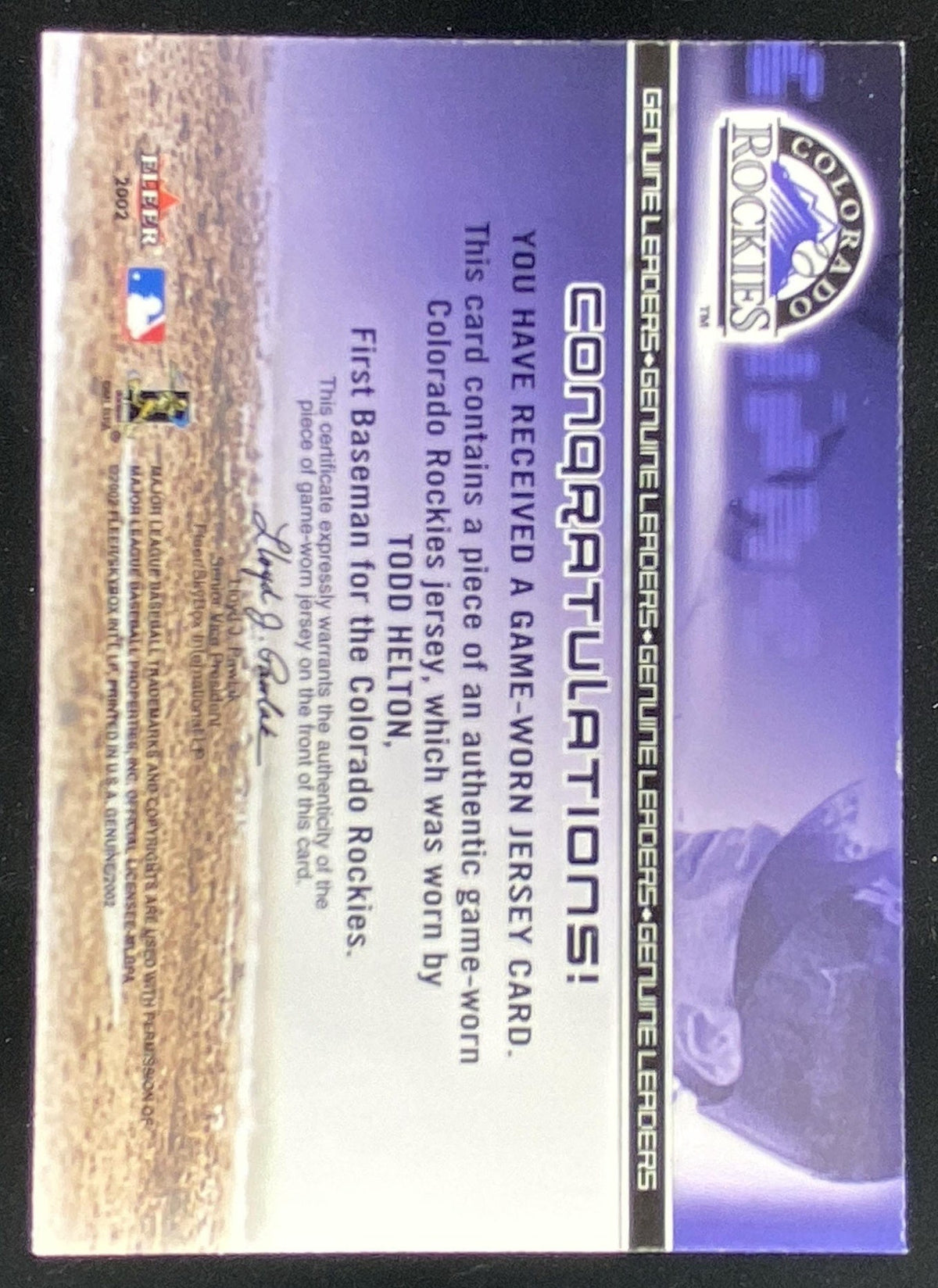 2002 Fleer Genuine Todd Helton trading card