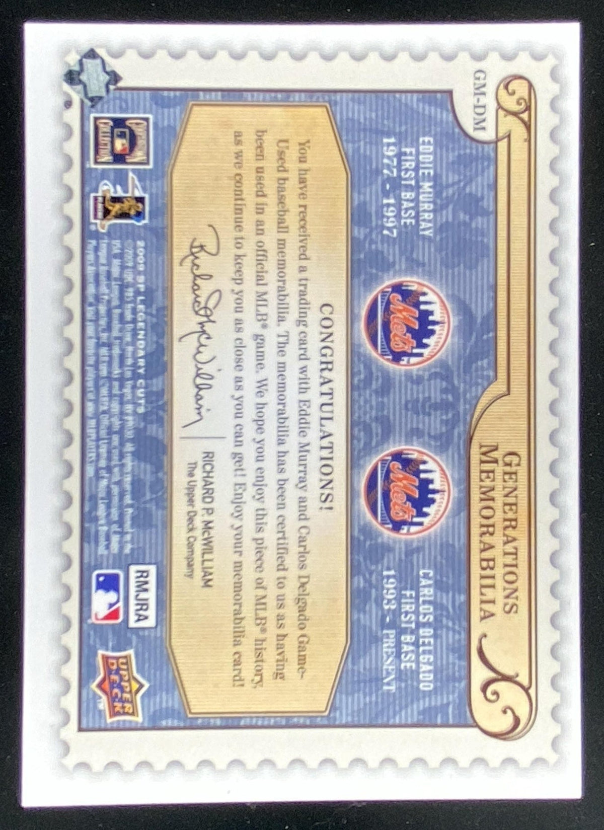 2009 SP Legendary Cuts Carlos Delgado / Eddie Murray #GM-DM trading card