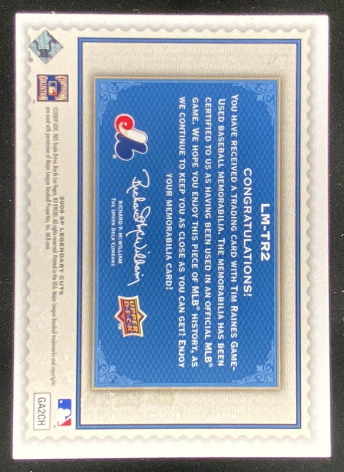 2009 SP Legendary Cuts Tim Raines trading card