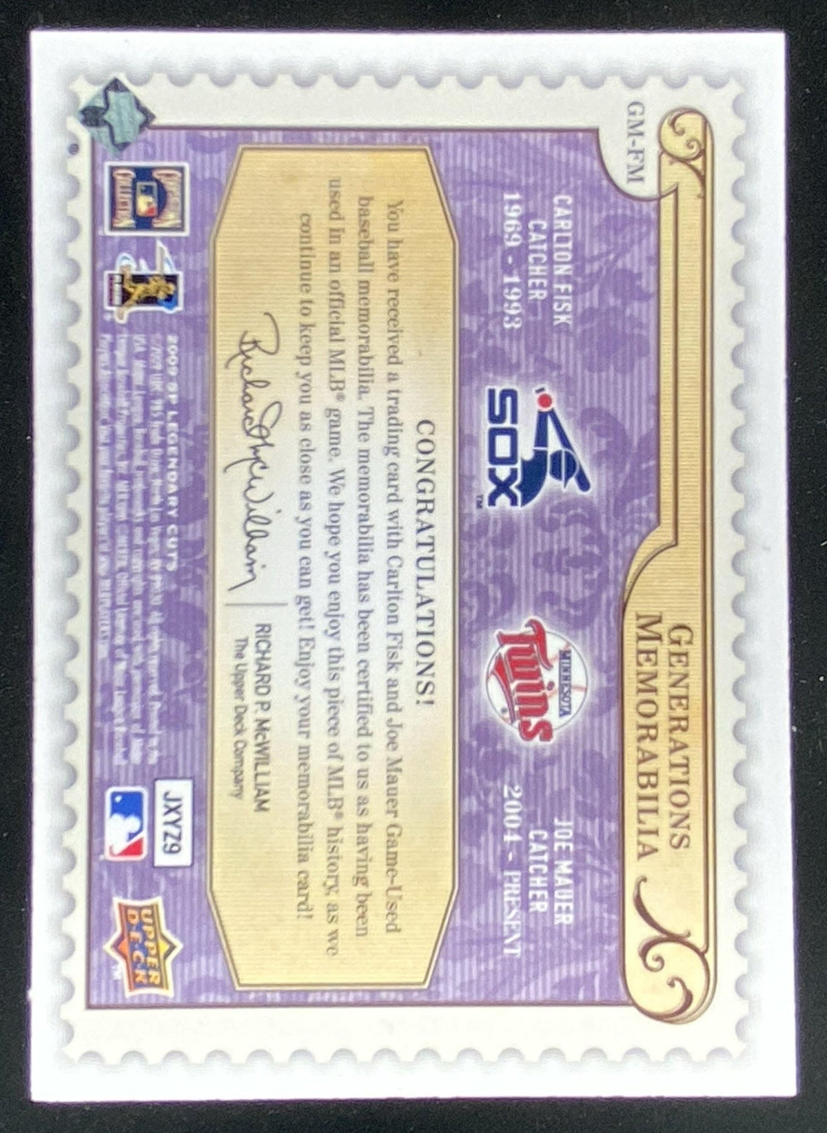 2009 SP Legendary Cuts Joe Mauer / Carlton Fisk trading card
