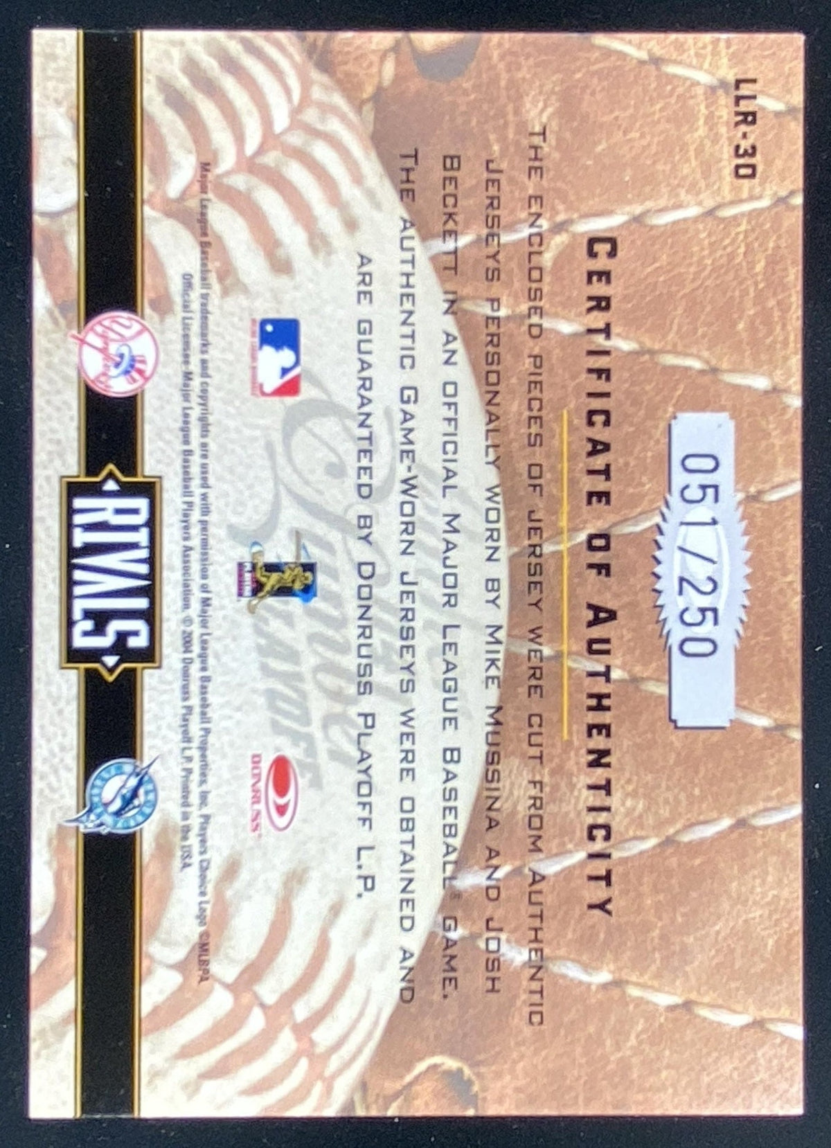 2004 Donruss Leather & Lumber Mike Mussina / Josh Beckett trading card
