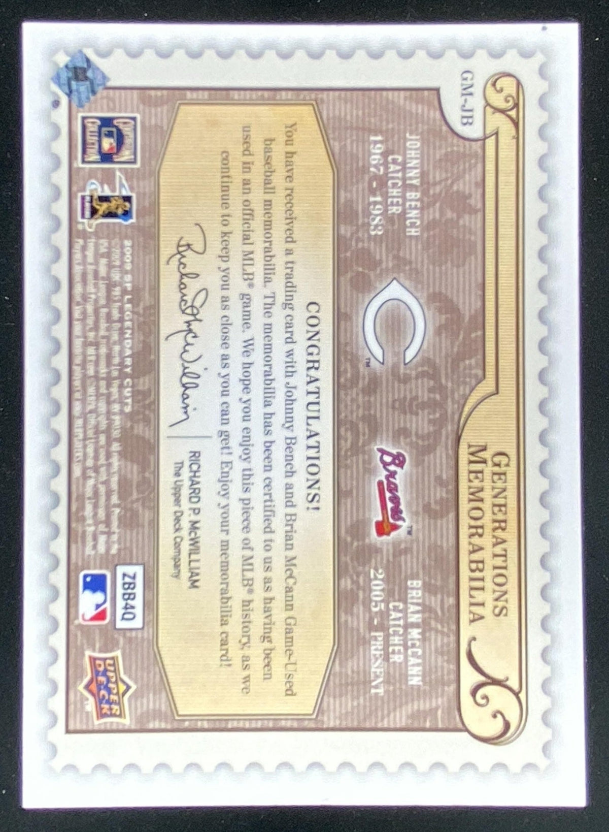 2009 SP Legendary Cuts Johnny Bench / Brian McCann trading card