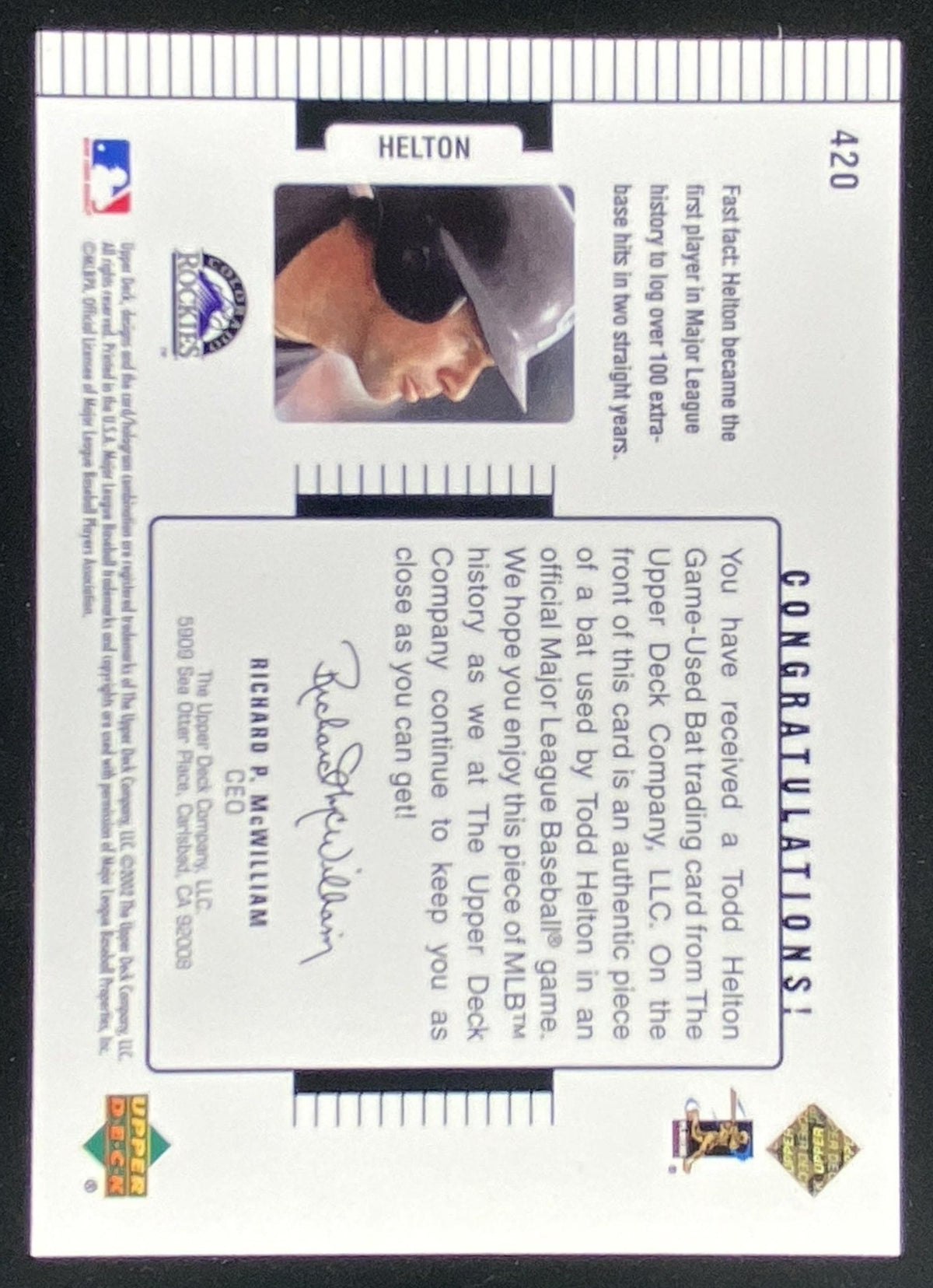 2002 Upper Deck Diamond Connection Todd Helton trading card