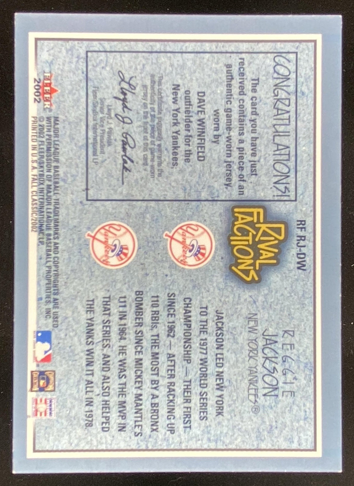 2002 Fleer Fall Classic Reggie Jackson / Dave Winfield trading card