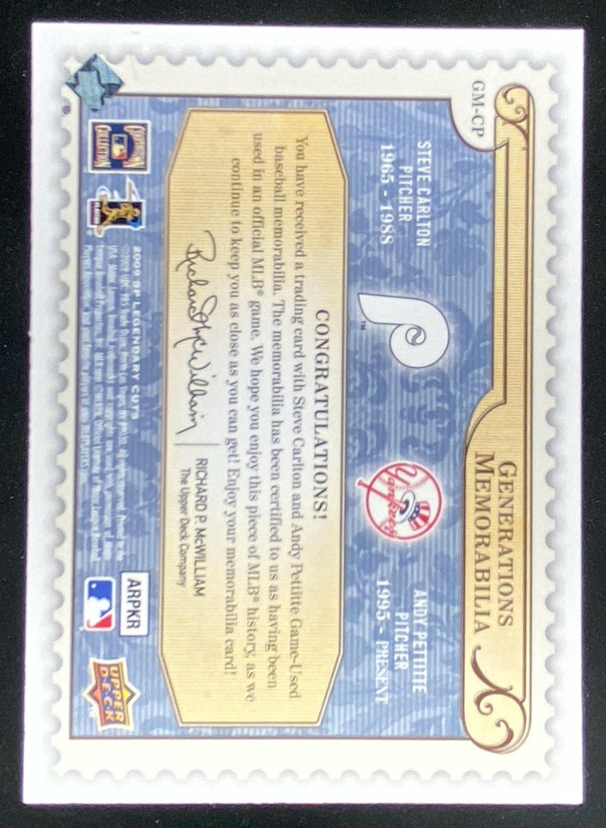 2009 SP Legendary Cuts Andy Pettitte / Steve Carlton #GM-CP trading card