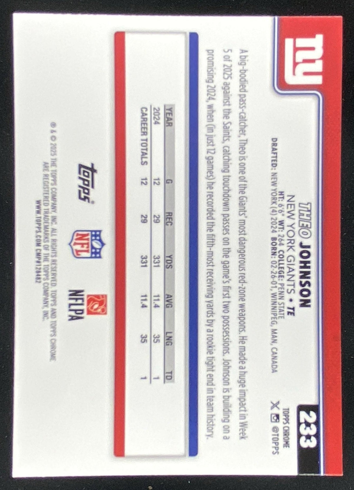 2025 Topps Chrome Theo Johnson #233 trading card
