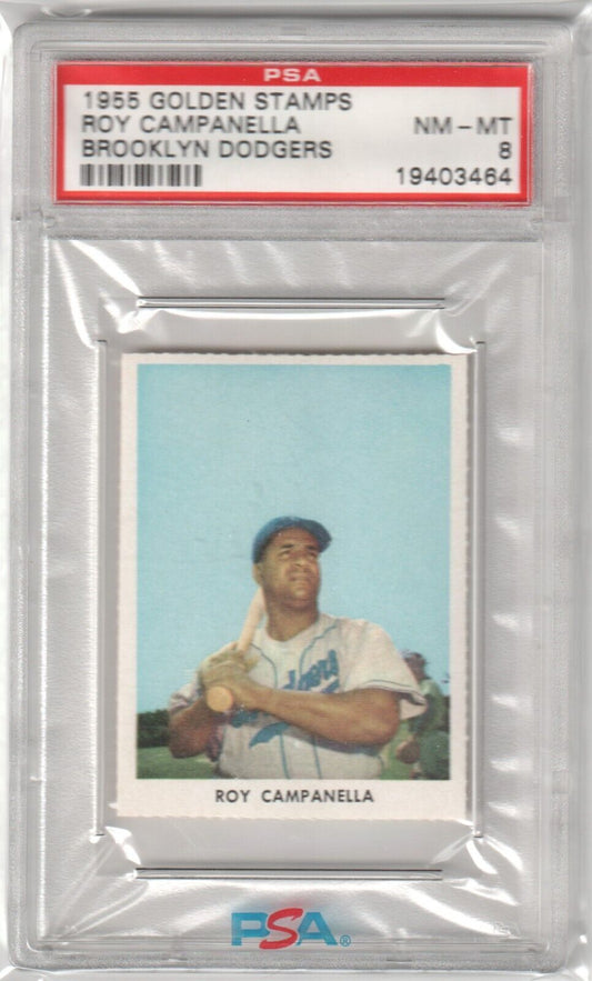 ROY CAMPANELLA 1955 Golden Stamps PSA 8 NM - MT - DODGERS - Columbia Hobby - Sports Card Boxes - Toploaders - Card Savers