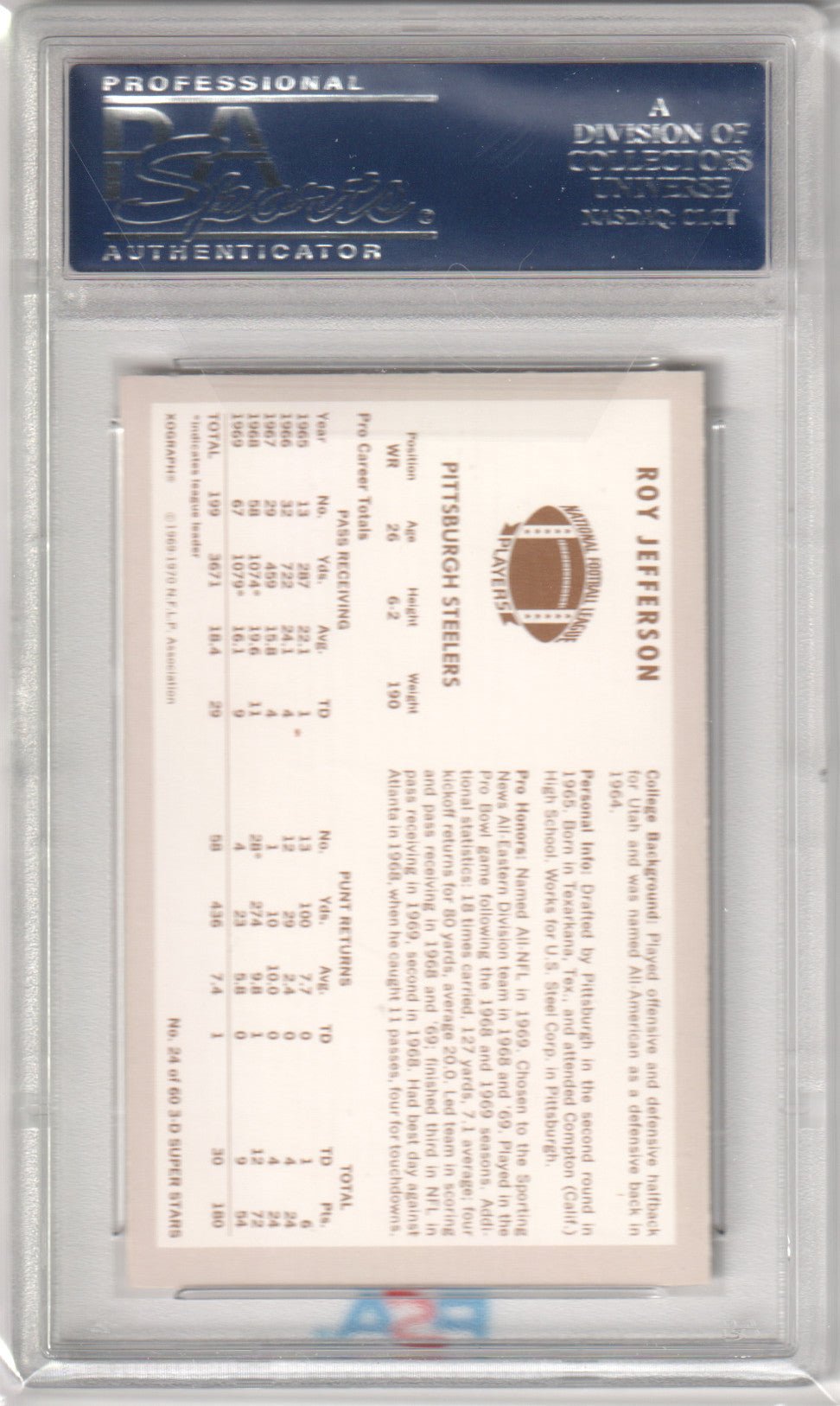 ROY? JEFFERSON 1970 Kellogg's 24 PSA 9 MINT - STEELERS - Columbia Hobby - Sports Card Boxes - Toploaders - Card Savers