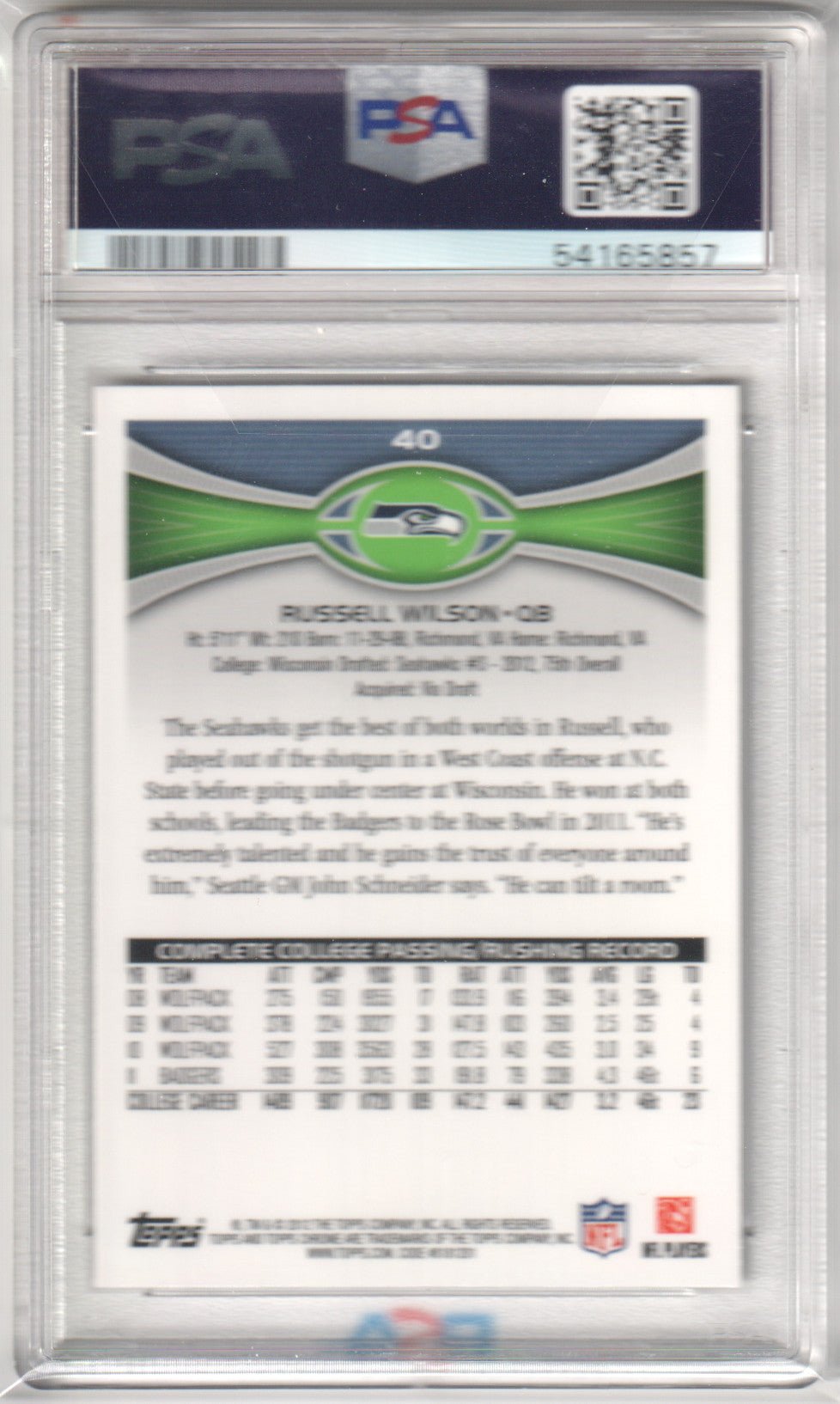RUSSELL WILSON 2012 Topps Chrome RC Rookie 40 Stands In Background PSA 9 MINT - Columbia Hobby - Sports Card Boxes - Toploaders - Card Savers