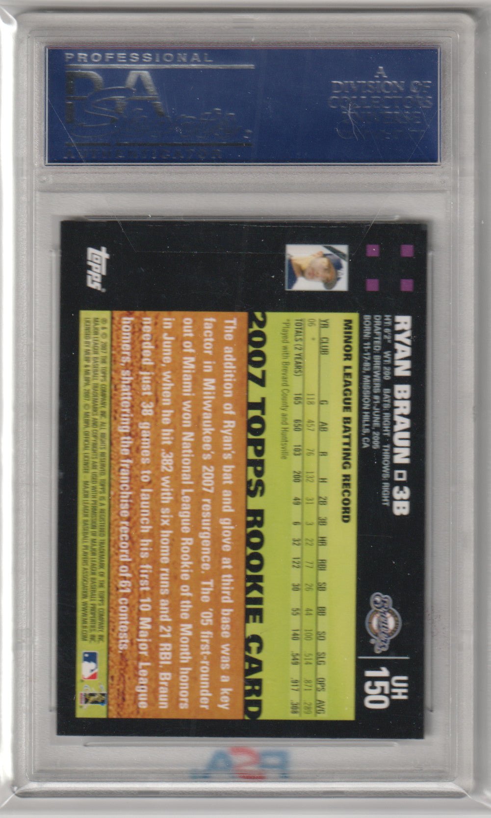 RYAN BRAUN 2007 Topps Update Rookie RC #UH150 PSA 8 NM - MT - BREWERS - Columbia Hobby - Sports Card Boxes - Toploaders - Card Savers