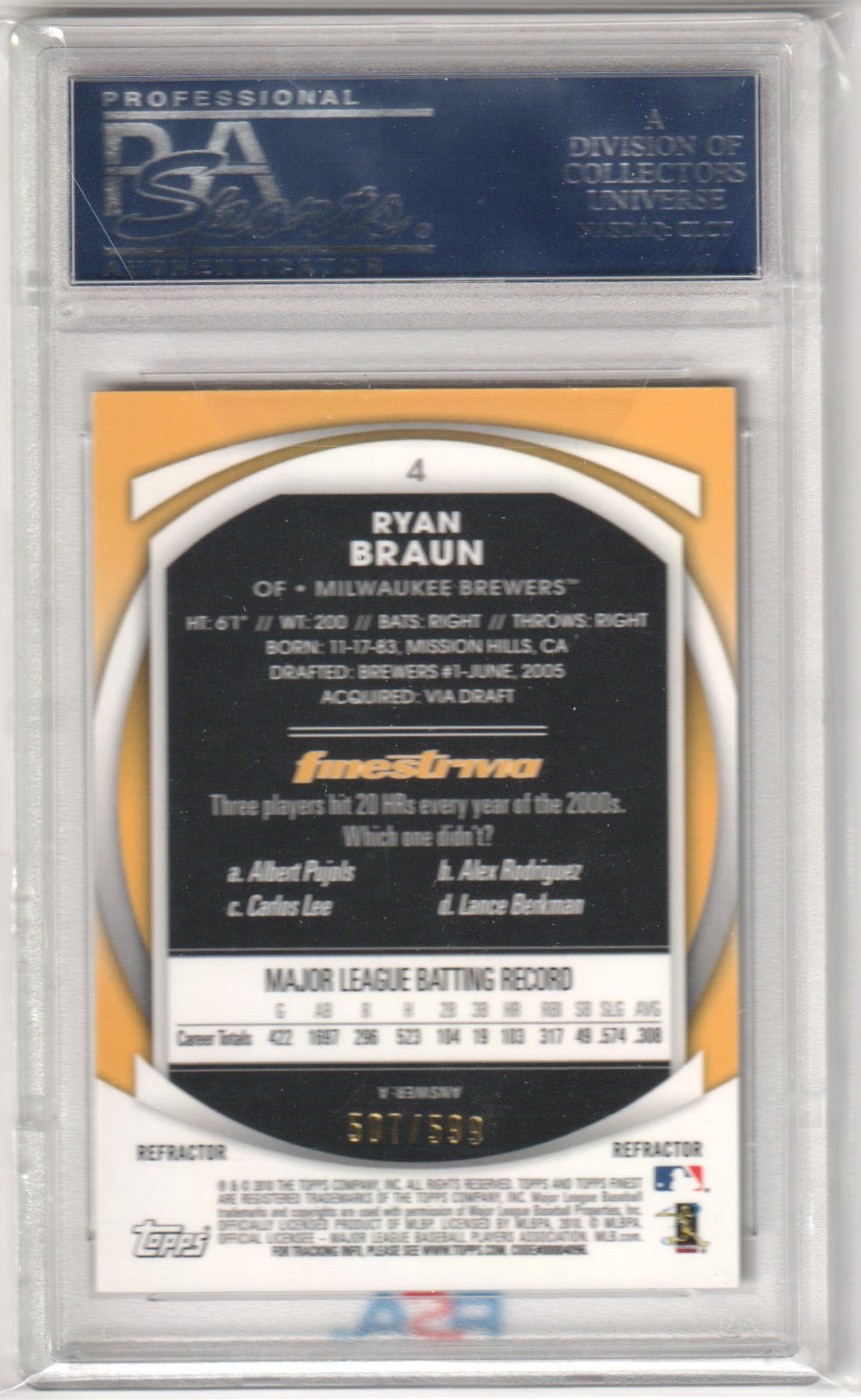RYAN BRAUN 2010 Finest 4 Refractor /599 PSA 10 GEM MINT - BREWERS Pop 3 - Columbia Hobby - Sports Card Boxes - Toploaders - Card Savers