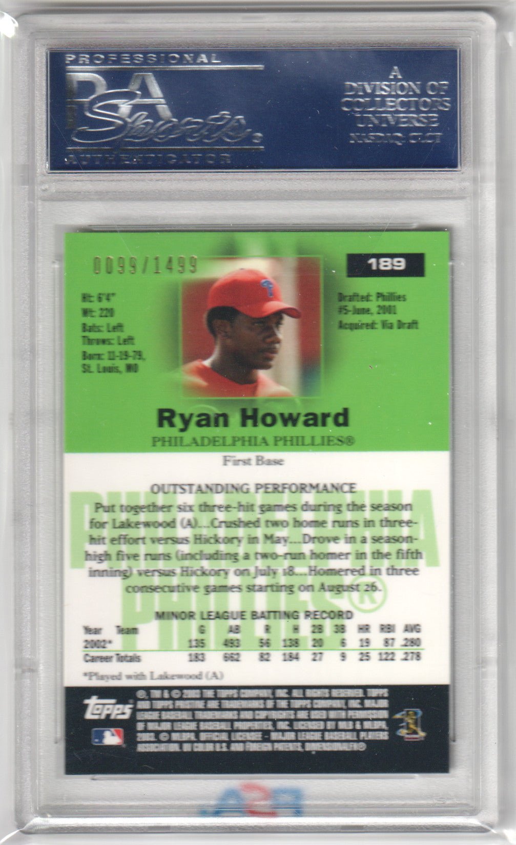 RYAN HOWARD 2003 Topps Pristine #/1499 #189 PSA 10 GEM MINT - PHILLIES Pop 16 - Columbia Hobby - Sports Card Boxes - Toploaders - Card Savers