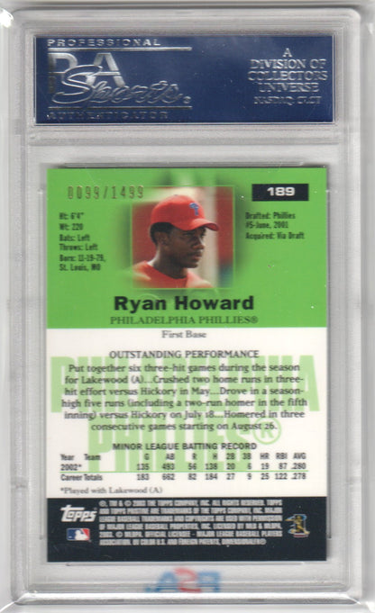 RYAN HOWARD 2003 Topps Pristine #/1499 #189 PSA 10 GEM MINT - PHILLIES Pop 16 - Columbia Hobby - Sports Card Boxes - Toploaders - Card Savers
