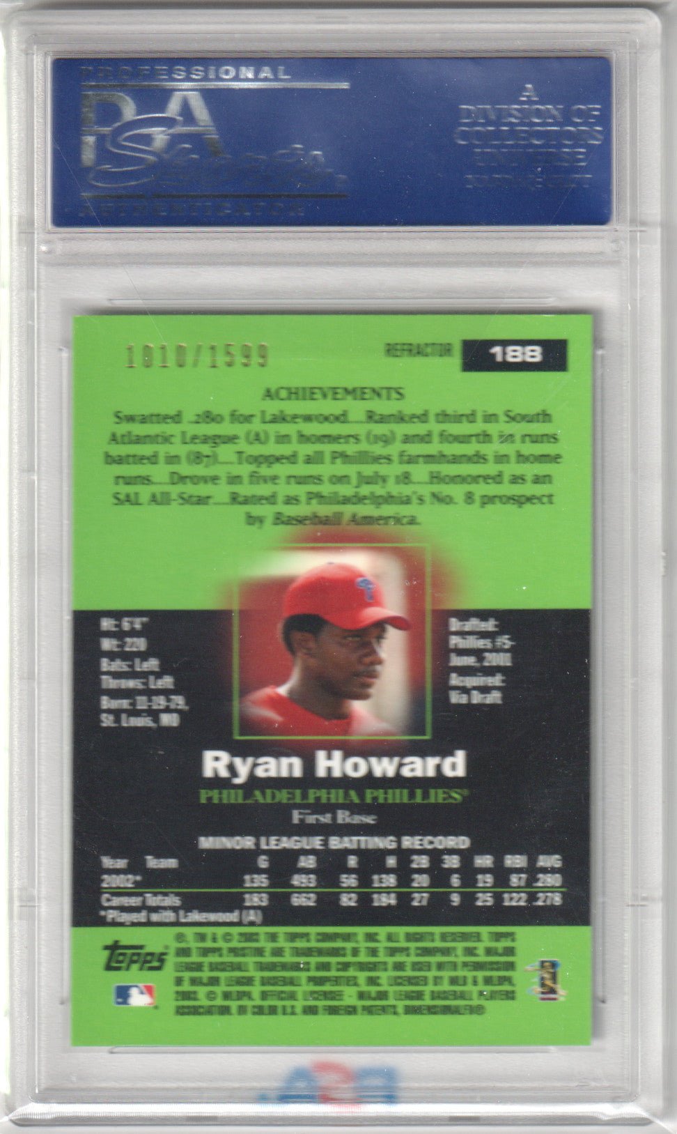 RYAN HOWARD 2003 Topps Pristine #/1599 Refractor PSA 10 GEM MINT PHILLIES - Columbia Hobby - Sports Card Boxes - Toploaders - Card Savers