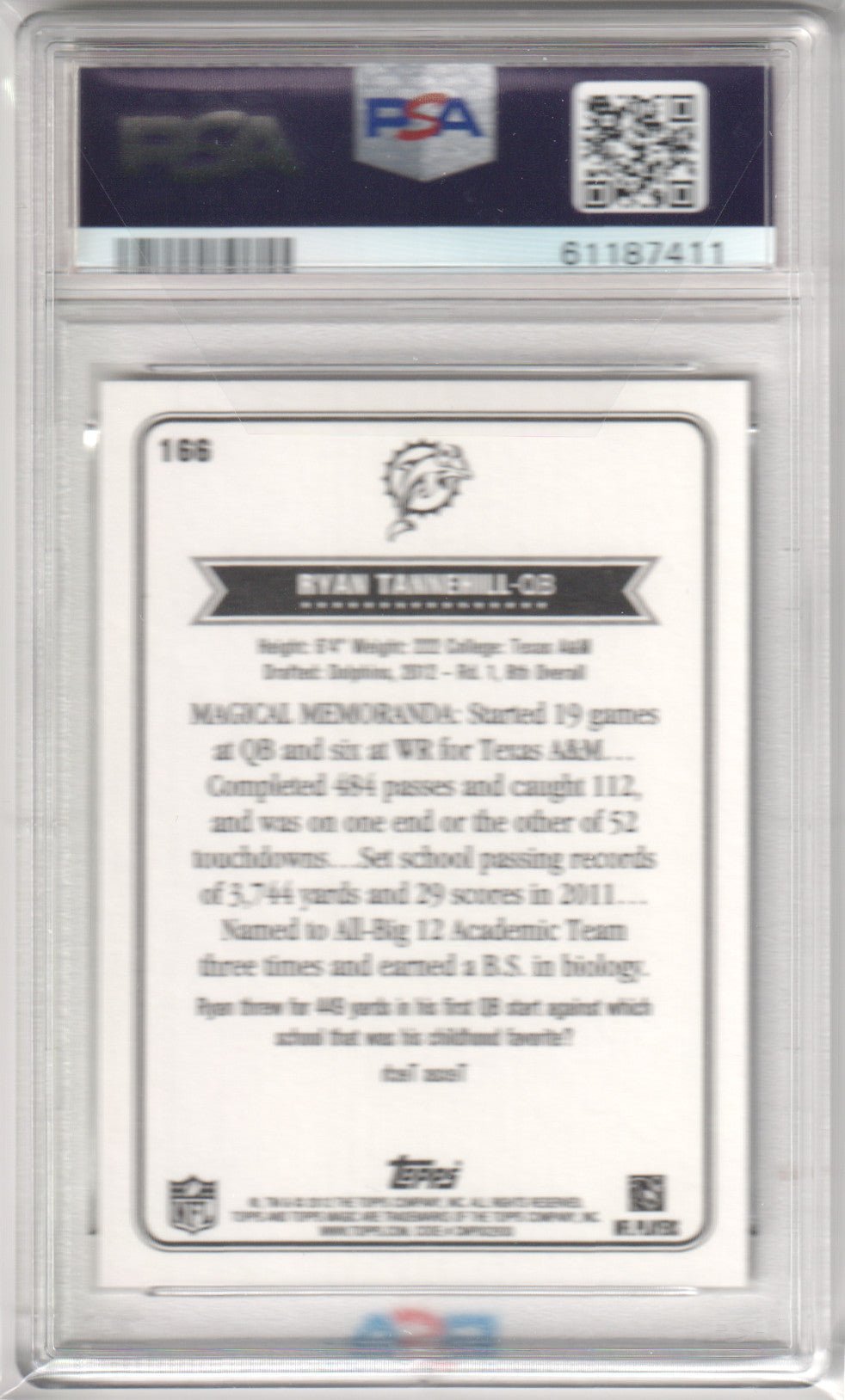 RYAN TANNEHILL 2012 Topps Magic 166 PSA 10 GEM MINT - DOLPHINS - Columbia Hobby - Sports Card Boxes - Toploaders - Card Savers